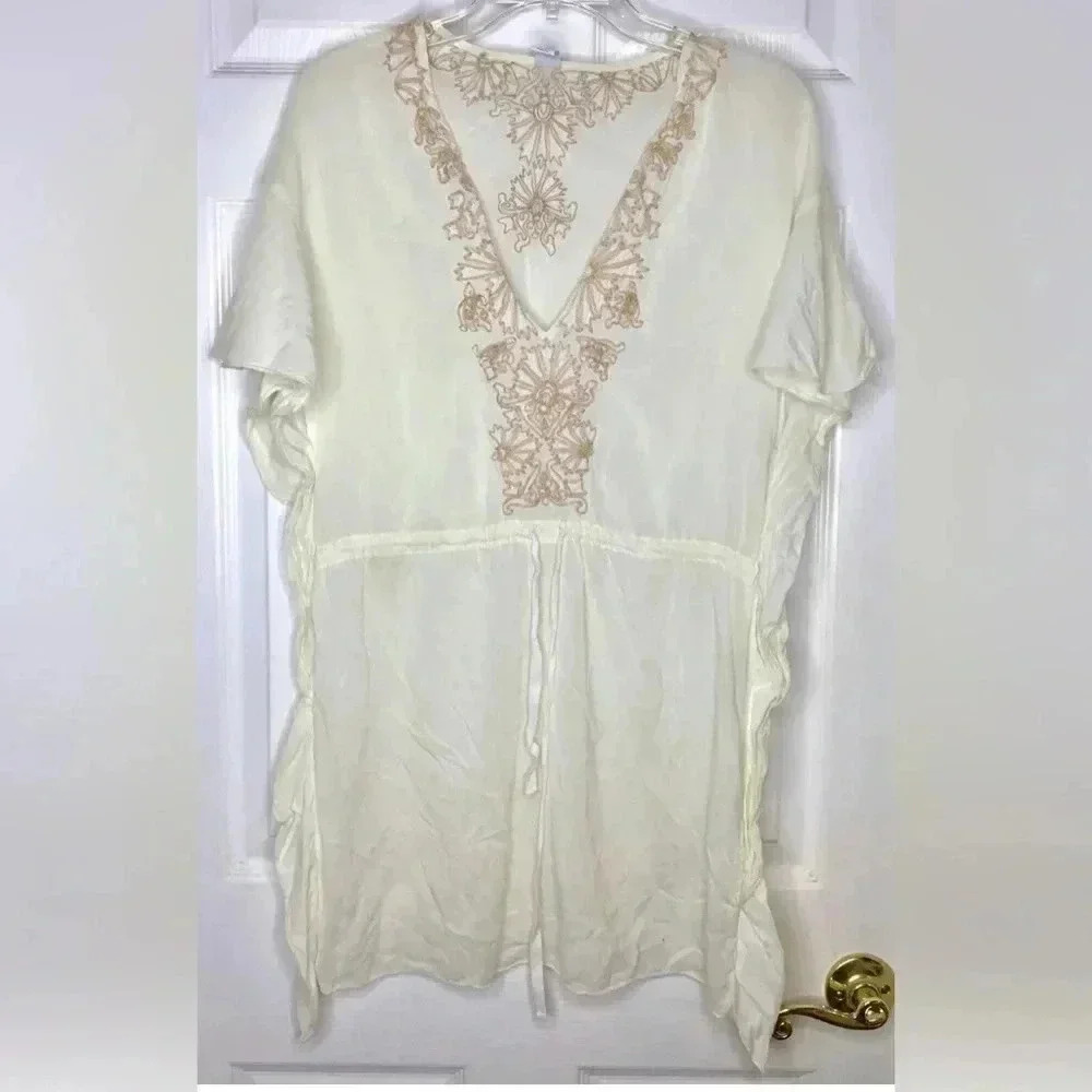 Women FREE PEOPLE Tan Cream Embroidered V-neck Sleeveless Tunic Shirt Sz 8